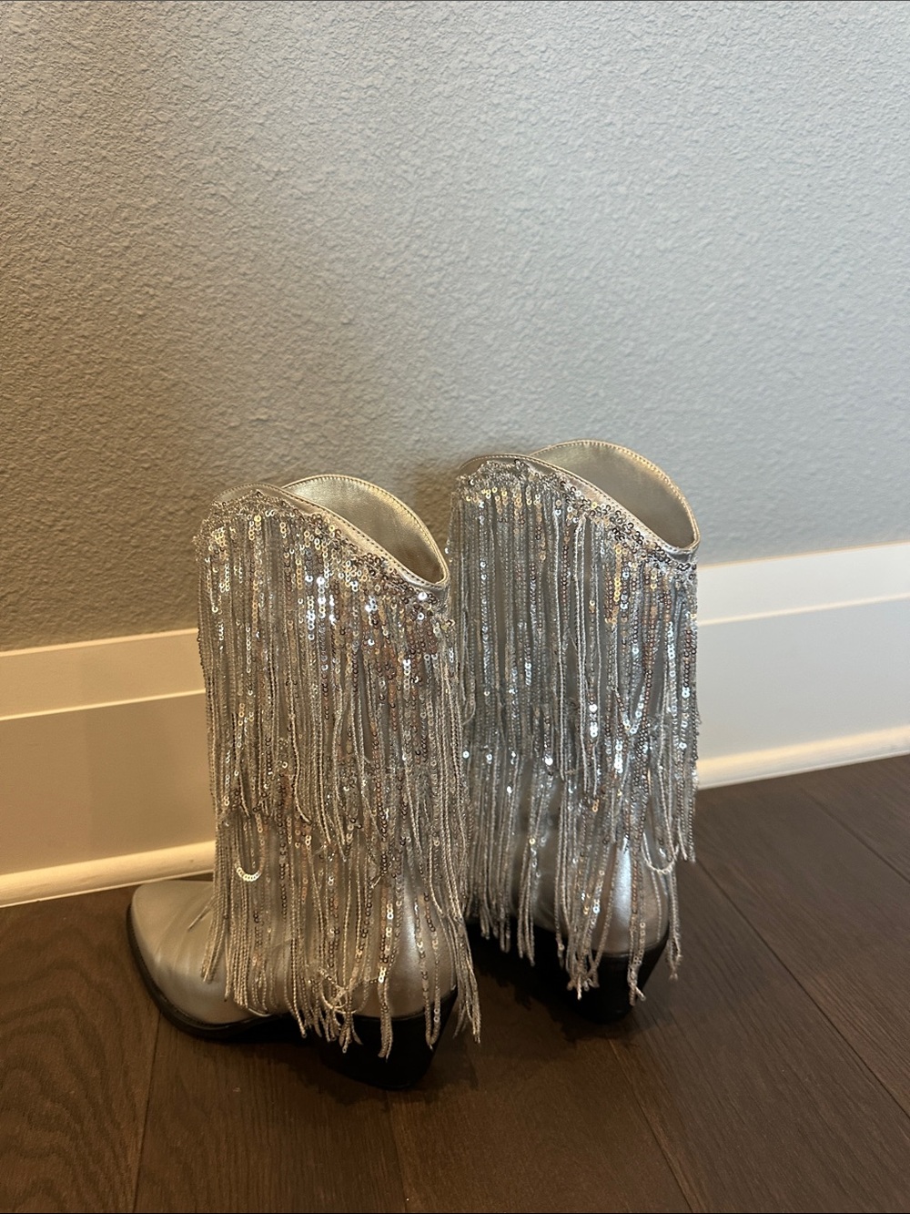 Silver Fringe Sequin Ankle Boots - Women's Metallic Booties - Picture 7 of 12